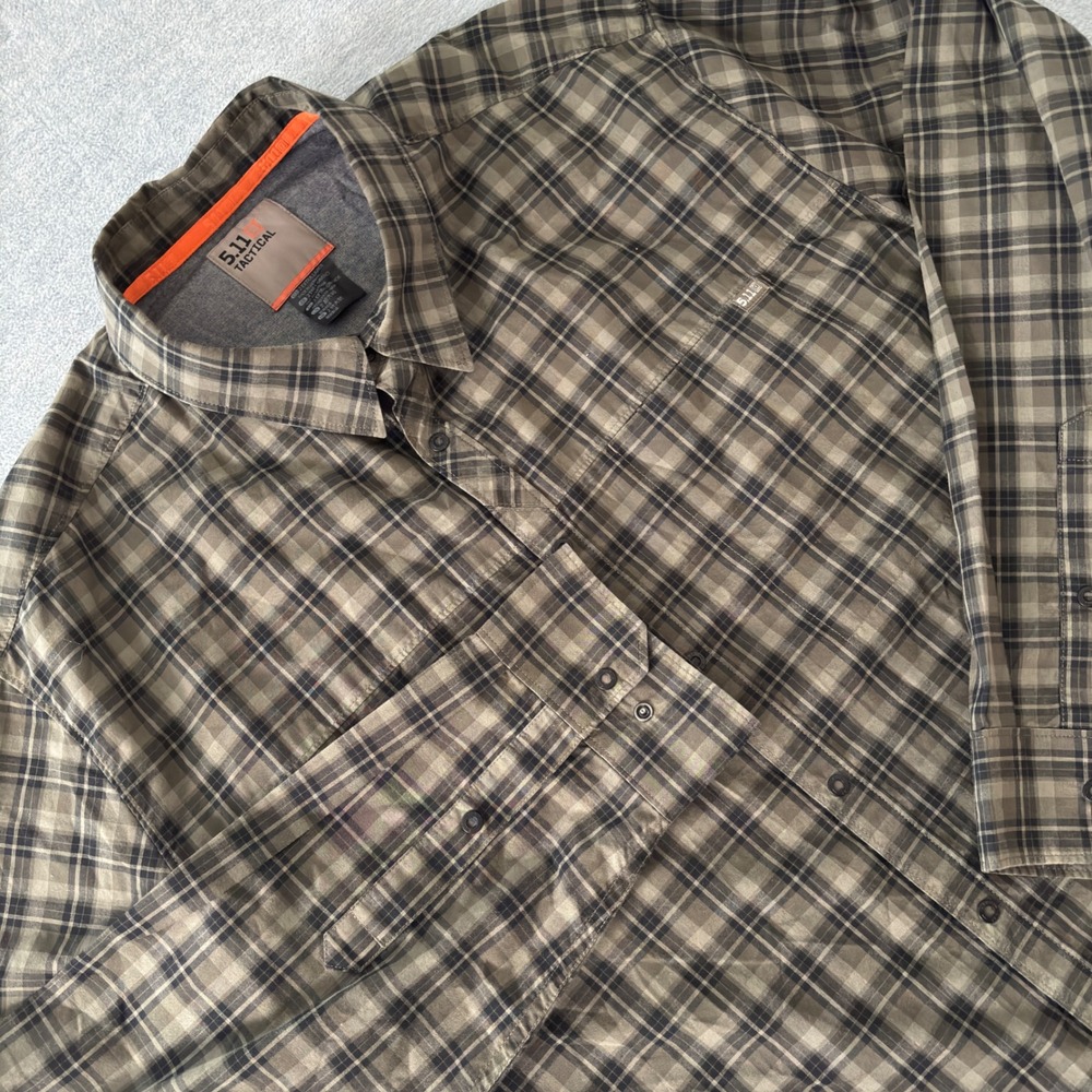 5.11 Tactical Men 2XL Plaid Long Sleeve Snap Button Down Shirt Olive Green Black